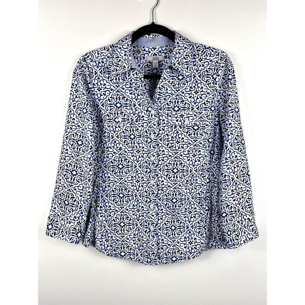 Croft & Barrow Women's Petite Small Blue White Floral Cotton Button Shirt